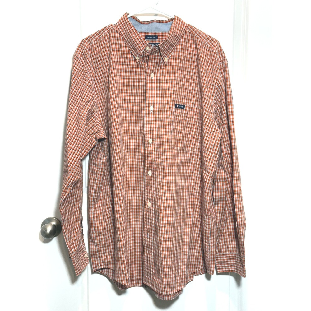 CHAPS Mens Plaid‎ Button Down Shirt Orange White Blue Long Sleeve Easy Care XL